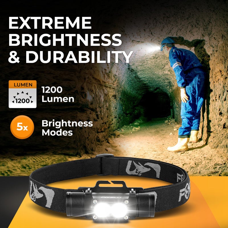 Foxelli Ultra Bright Rechargeable Headlamp â€“ 18650 Battery, IPX7 Waterproof, 1200 Lumen LED Light for Work & Outdoors, with Battery & Hooks - Perfect for Hard Hat or Helmet - Image 2